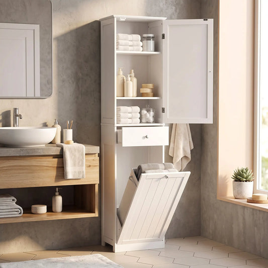 71" Tall Bathroom Storage Cabinet, Narrow with Laundry Basket, White Bathroom Cabinets White at Gallery Canada