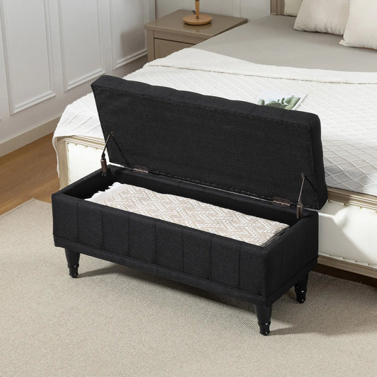 Storage Ottoman, Linen Fabric, Button Tufted, Black Storage Ottomans & Benches Black at Gallery Canada