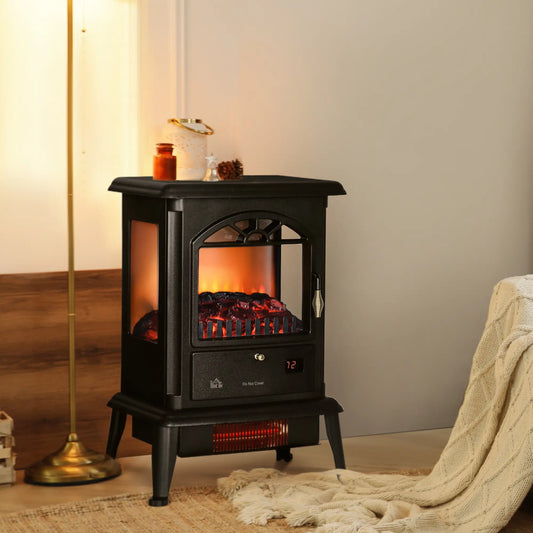 22 Infrared Electric Fireplace Stove, Freestanding Heater, 3D Flame, Adjustable Temp, Timer, 1000W/1500W, Black Electric Fireplaces Black at Gallery Canada