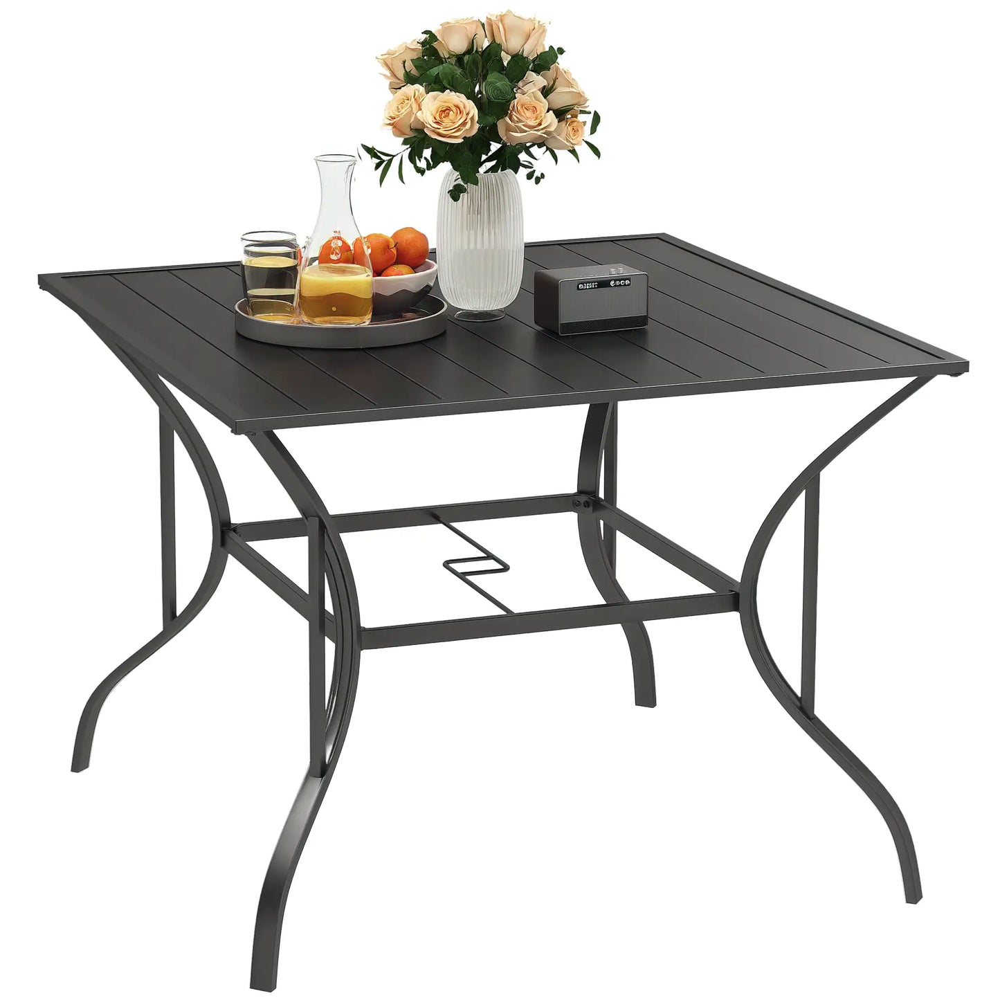 Square Outdoor Dining Table, Slatted Metal Top, 48 Inch, Dark Grey Patio Dinning Tables at Gallery Canada