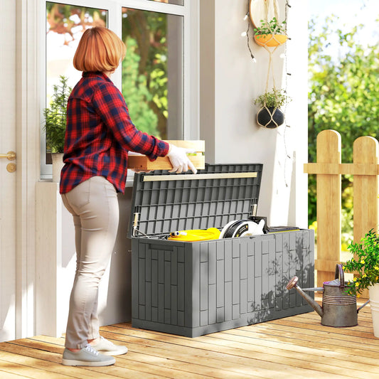 80 Gallon Resin Deck Box, Lockable Outdoor Storage, Splash And UV Resistant Patio Storage Boxes Grey Wood Effect at Gallery Canada