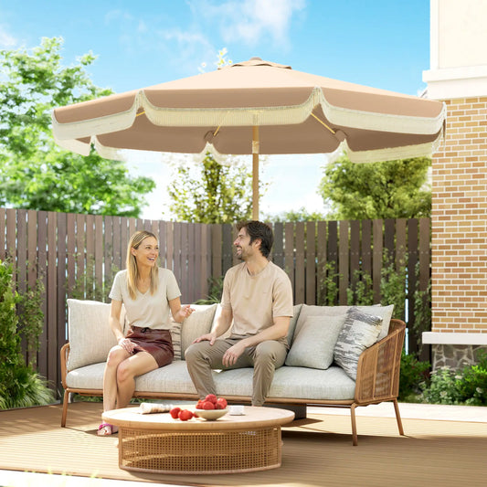 9 ft Patio Umbrella, Push Button Tilt Crank, Fringed Outdoor Market Table, Khaki