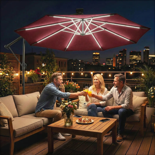 10 ft Offset Patio Umbrella, Solar Light, 360° Rotation, Tilt, Wine Red Offset Cantilever Umbrellas Wine Red at Gallery Canada