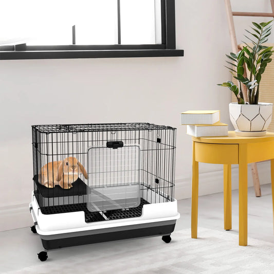 28"H 2-Level Rabbit Hutch, Lockable Wheels, Slide-Out Tray, Black Rabbit Hutch Black, White, and Grey at Gallery Canada