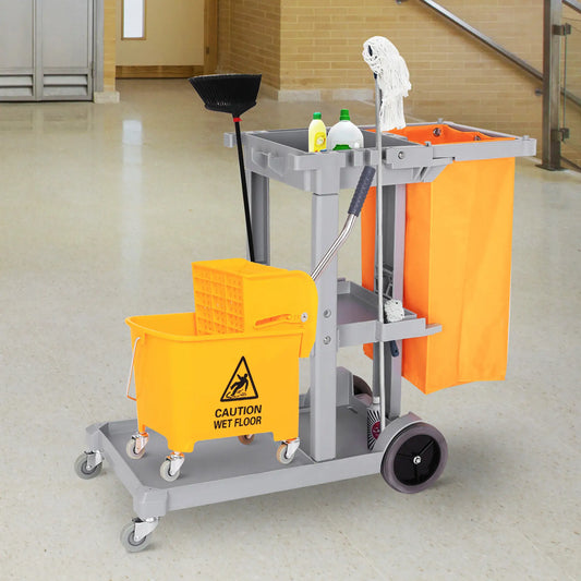 Janitorial Cart with 3 Shelves, Wheels, Rubbish Bag, Mop Holders, Grey Household Supplies Grey, Yellow at Gallery Canada