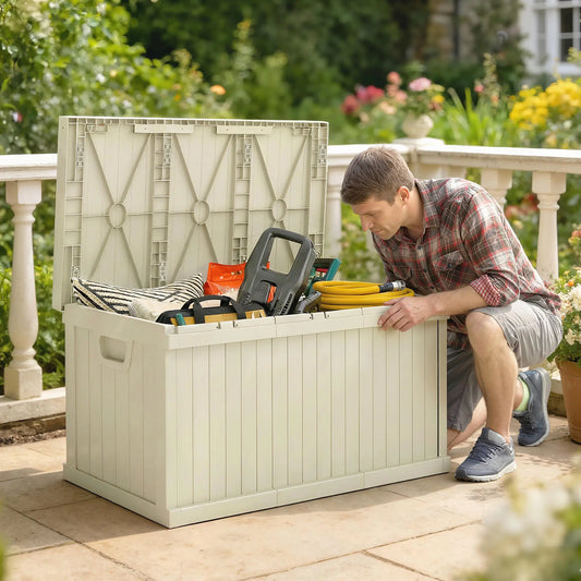 70 Gallon Resin Deck Box, Waterproof Outdoor Storage Container Patio Storage Boxes Sand Colour at Gallery Canada