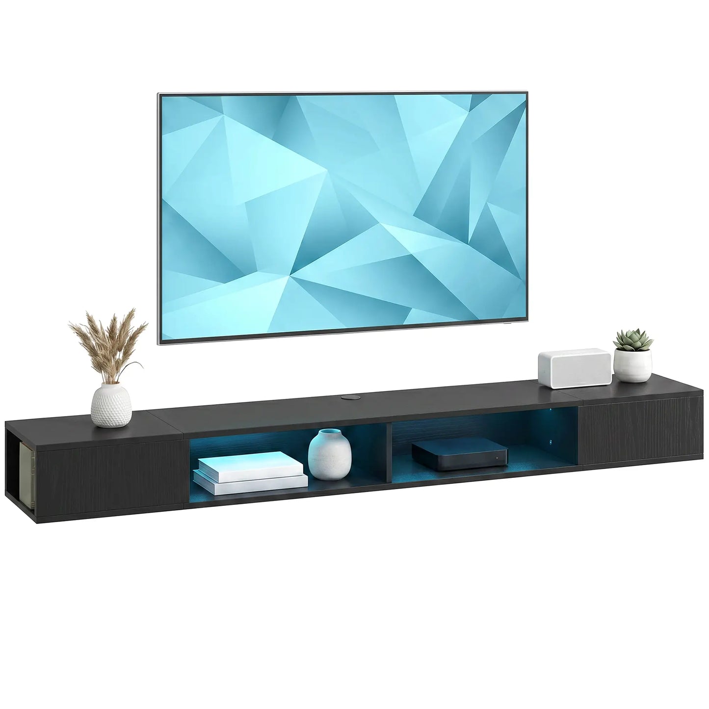 TV Stand with RGB LED Lights, Entertainment Center with Open Shelves for 75 Inch TV, Black Wood Grain TV Stands at Gallery Canada