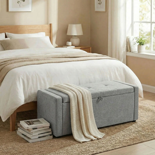 Storage Ottoman Bench, Linen Fabric, Light Grey Storage Ottomans & Benches Light Grey at Gallery Canada