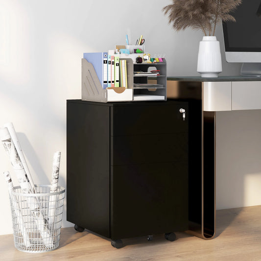 3-Drawer Steel Filing Cabinet on Wheels, Lockable, Adjustable Hanging Bar, Black Office Cabinets & Cupboards Black at Gallery Canada