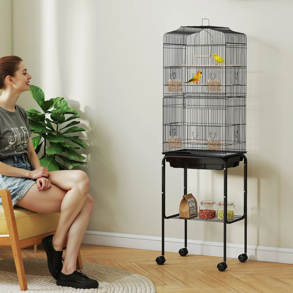 62" Rolling Bird Cage, Cockatoo House, Play Top, Storage Shelf, Wheels, Black Bird Cages at Gallery Canada