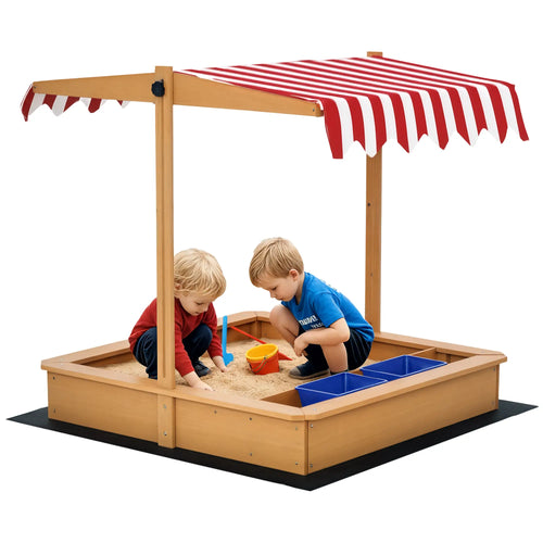 Kids Wooden Sandbox, Adjustable Height Cover, Bottom Liner, Seat, Plastic Basins, for 3-7 Years