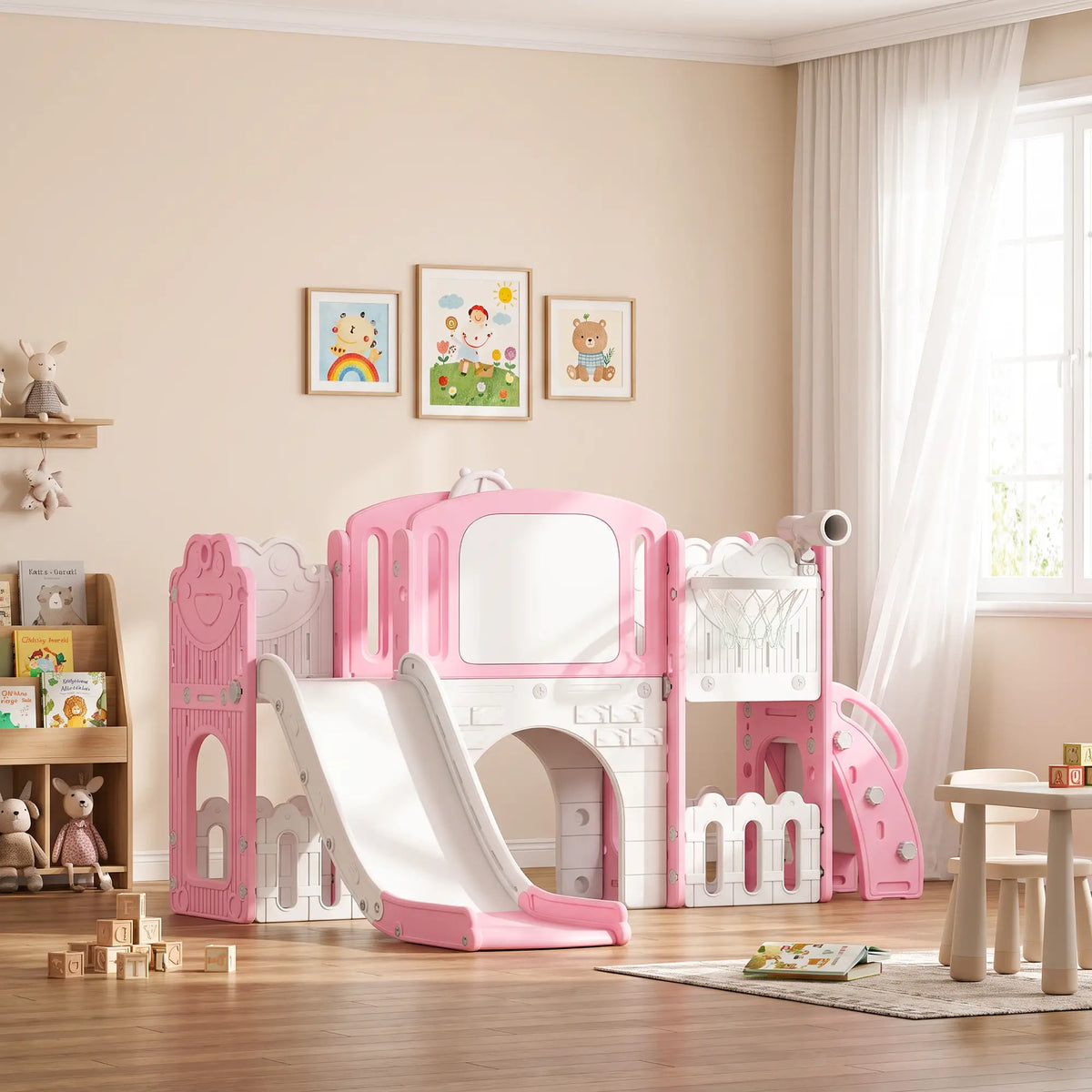 7 In 1 Toddler Slide With Basketball Hoop, Climbing Frame, Telescope, Drawing Board, Storage Box, Pink Gym Sets & Swings at Gallery Canada