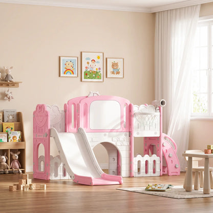 7 In 1 Toddler Slide With Basketball Hoop, Climbing Frame, Telescope, Drawing Board, Storage Box, Pink Gym Sets & Swings at Gallery Canada