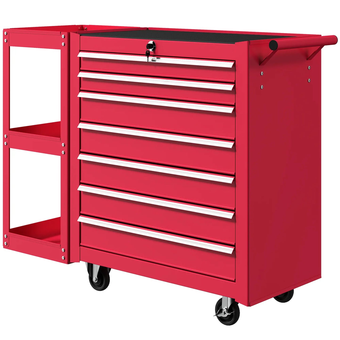 Coffre à outils roulant à 7 tiroirs, armoire verrouillable avec étagère latérale, rouge