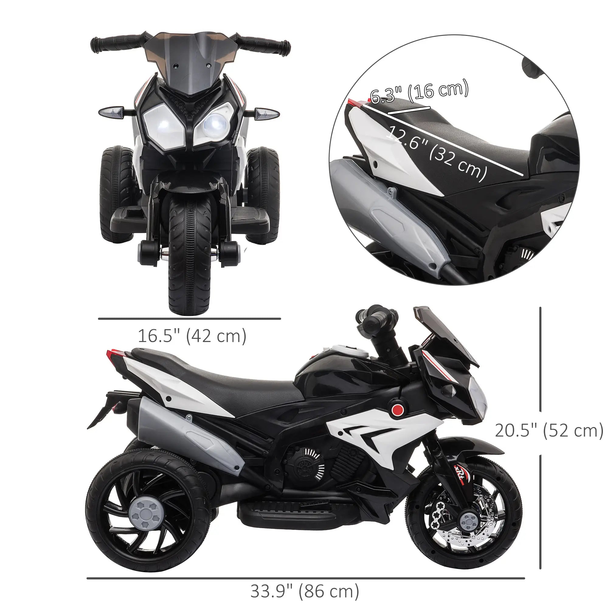 Kids Electric Motorcycle Ride-On Toy, 3 Wheels, Music, Horn, Lights, Black Electric Motorcycles at Gallery Canada