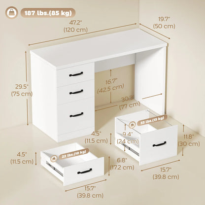 Computer Desk With 3 Drawers, 47", Adjustable Hanging Rails, White Writing Desks at Gallery Canada