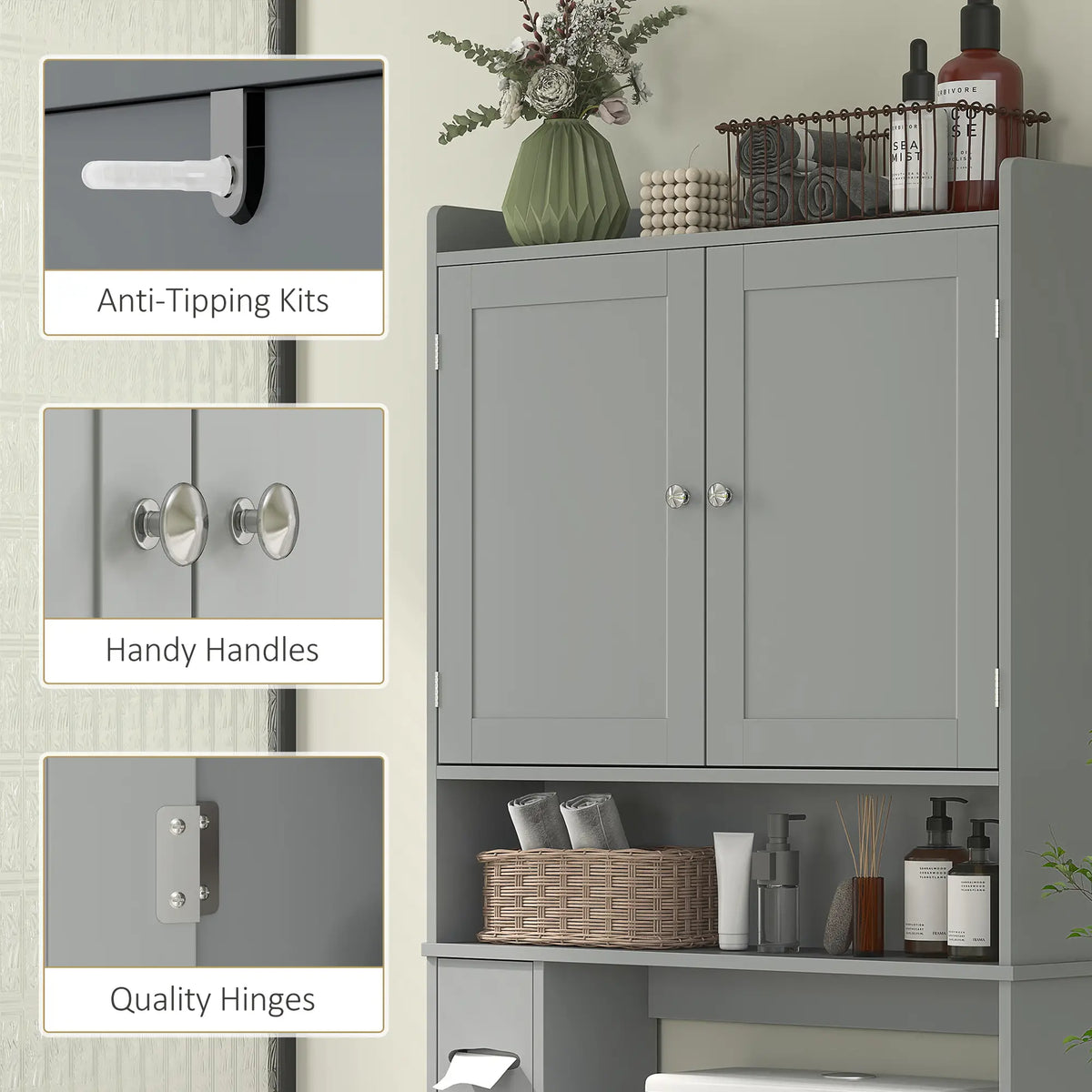 Over Toilet Storage Cabinet, 2 Doors, Toilet Paper Holder, Grey Bathroom Cabinets at Gallery Canada