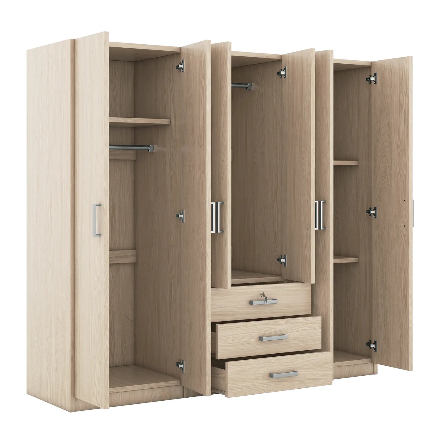Wooden Wardrobe, 3 Drawers, MDF, Silver Handles, 71" L x 19" W x 68" H, Natural Clothing Storage at Gallery Canada