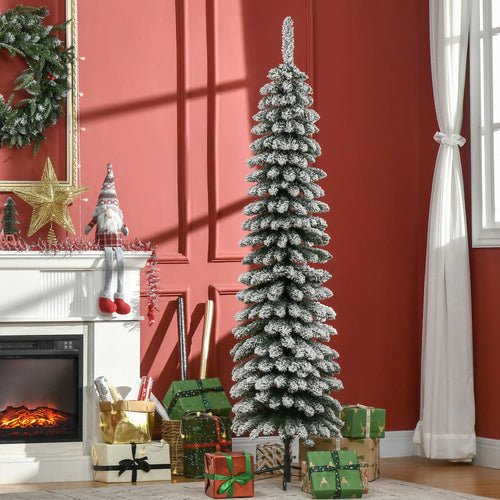 6 Ft Snow-Flocked Artificial Christmas Tree, Slim Pencil, Metal Base, Green