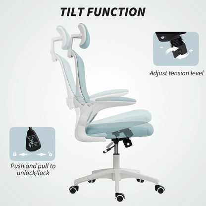 Ergonomic Mesh Office Chair, High Back, Headrest, Flip-Up Armrests, Lumbar Support, Light Green Task Chairs at Gallery Canada