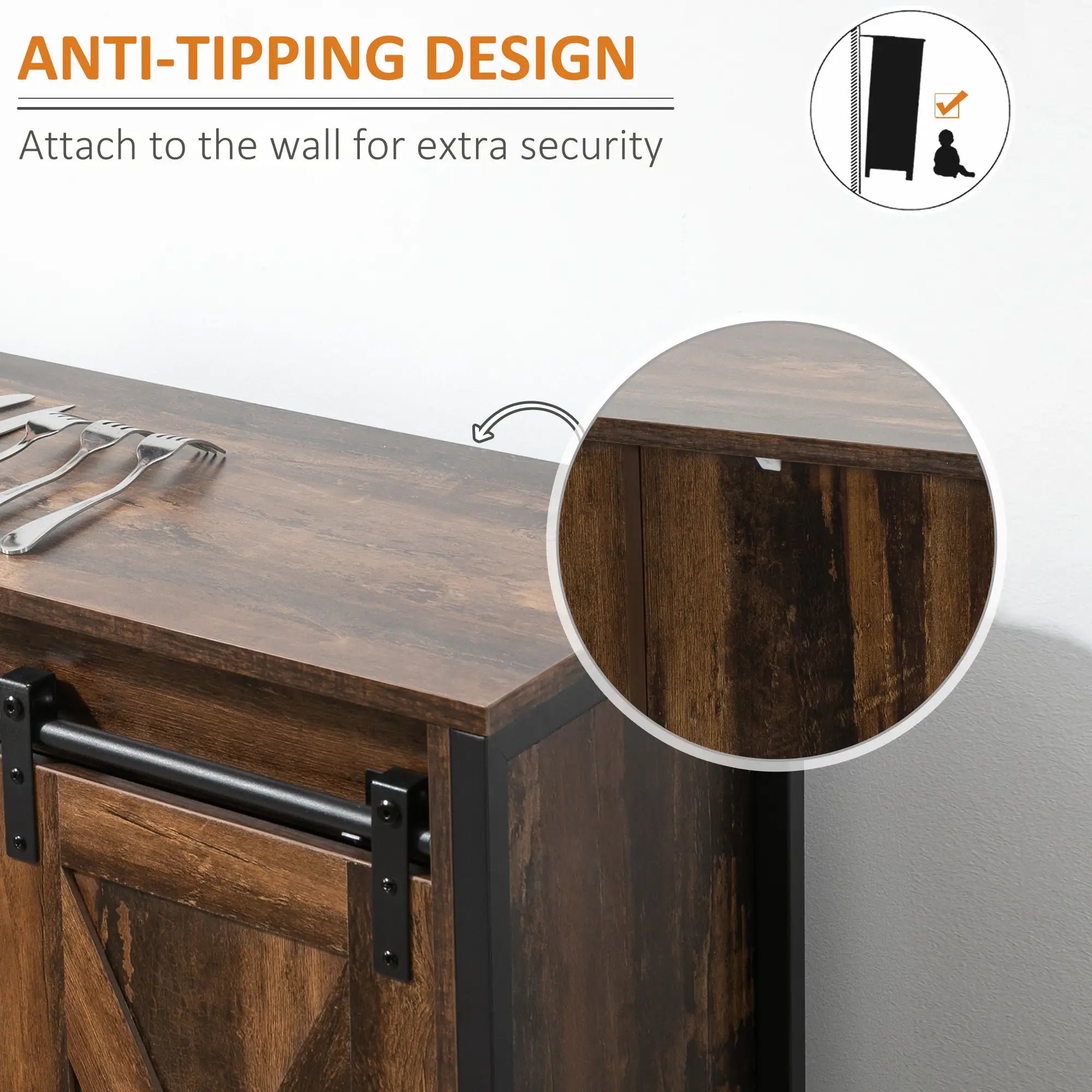 Industrial Buffet Cabinet, Kitchen Sideboard, Sliding Barn Doors, 3 Drawers, Adjustable Shelves, Rustic Brown, Brown Bar Cabinets at Gallery Canada