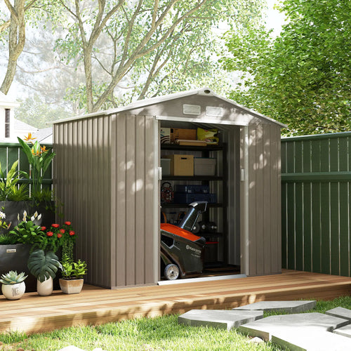 7' x 4' x 6' Garden Storage Shed, Metal Tool House, Light Brown