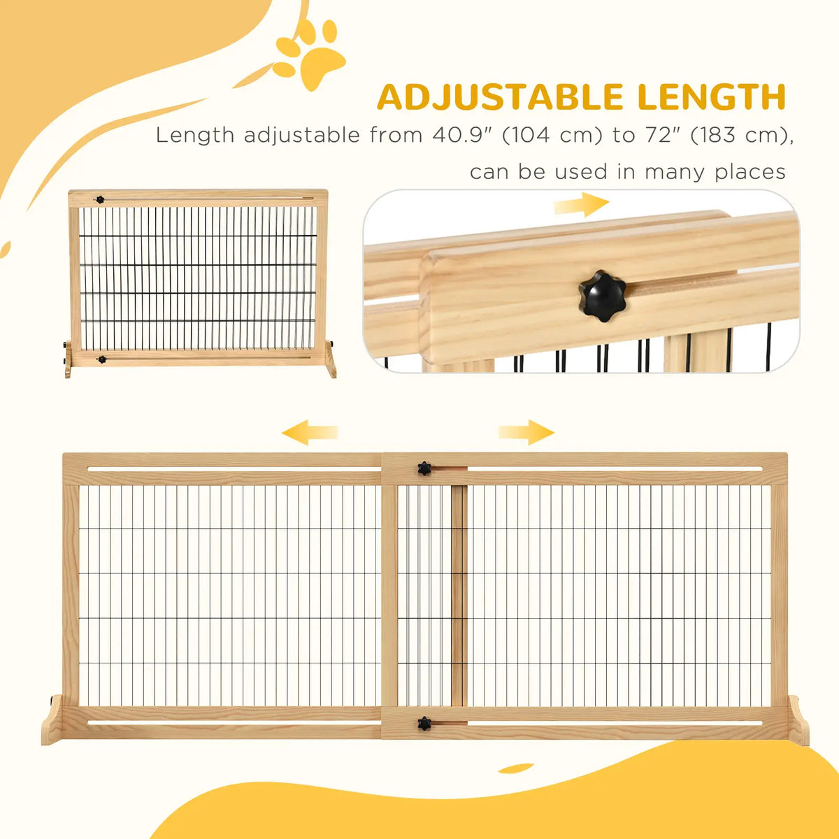 41"-72" Wooden Pet Gate, Freestanding with Support Feet, Natural Houses, Kennels & Pens at Gallery Canada