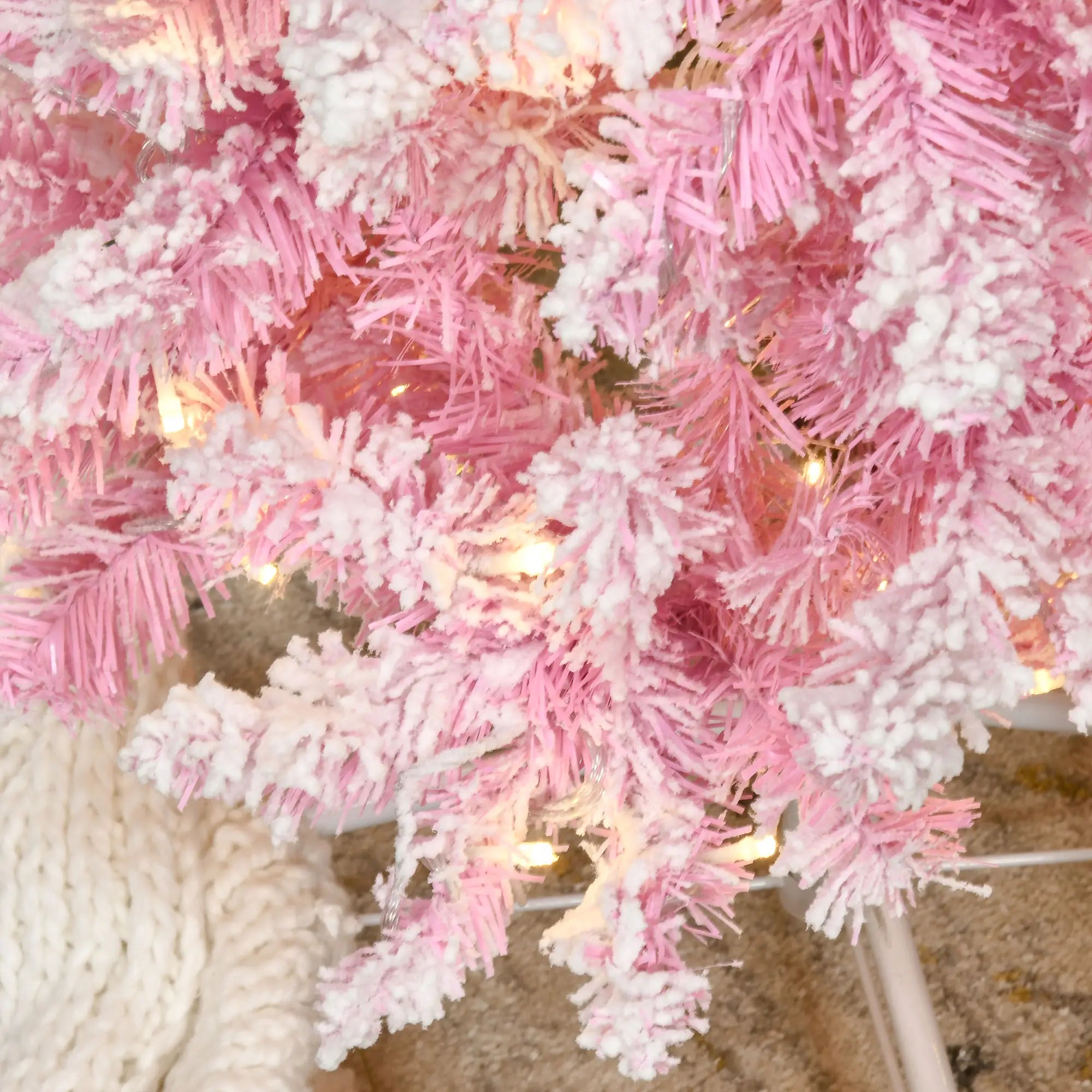 6ft Prelit Snow Flocked Artificial Christmas Tree, Pencil Shape, 500 Pine Branches, Warm White LED, Auto Open, Pink White Pre Lit Christmas Trees at Gallery Canada