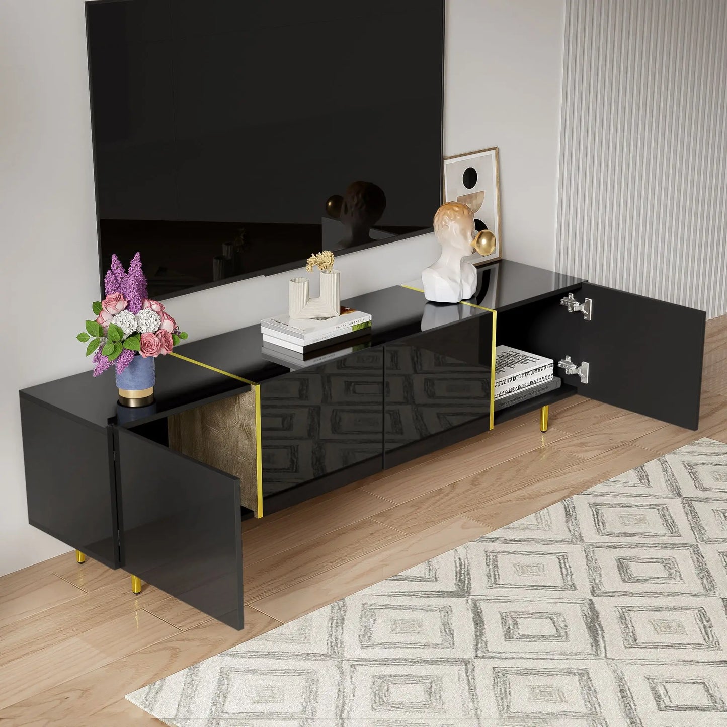 Modern TV Stand, 4 Doors, Soft-Close Hinges, 67" L x 13.5" W x 18" H, Black TV Stands at Gallery Canada