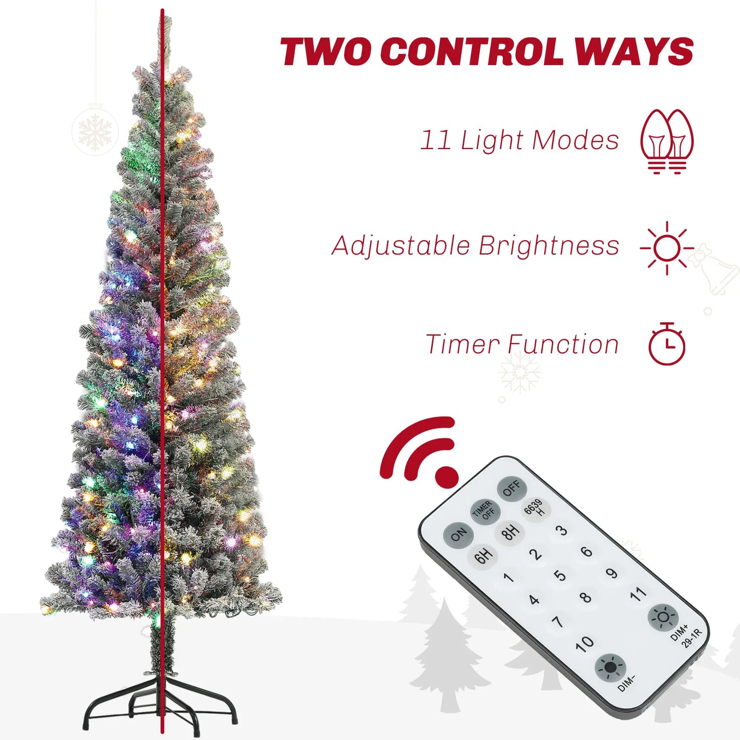6ft Prelit Pencil Christmas Tree, Flocked, Dual Color LEDs, 429 Tips, Color Pre Lit Christmas Trees at Gallery Canada