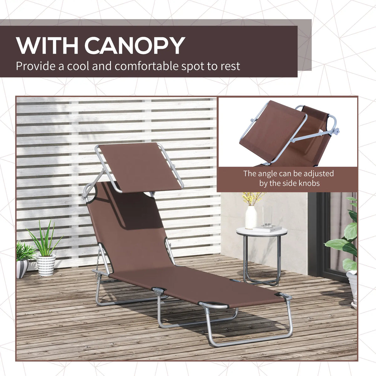 Adjustable Folding Chaise Lounge, Outdoor Tanning Chair with Sun Shade, Brown Lounger Chairs at Gallery Canada