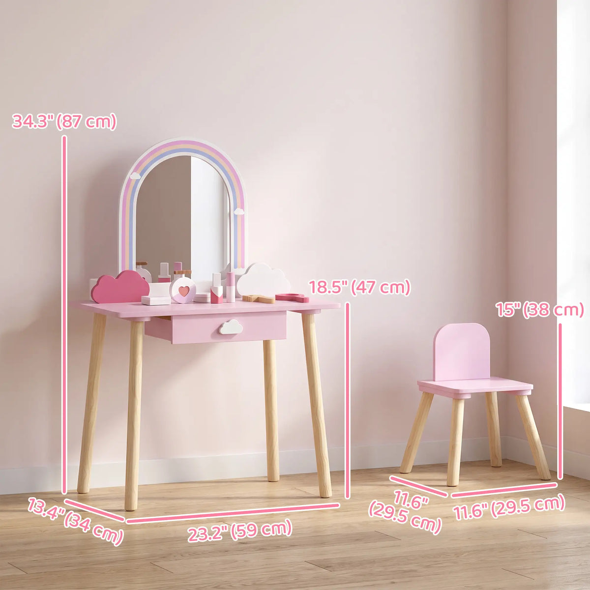 Kids Vanity Set, Makeup Table, Mirror, Stool, Drawer, 7-Piece, Pink Toy Vanity at Gallery Canada