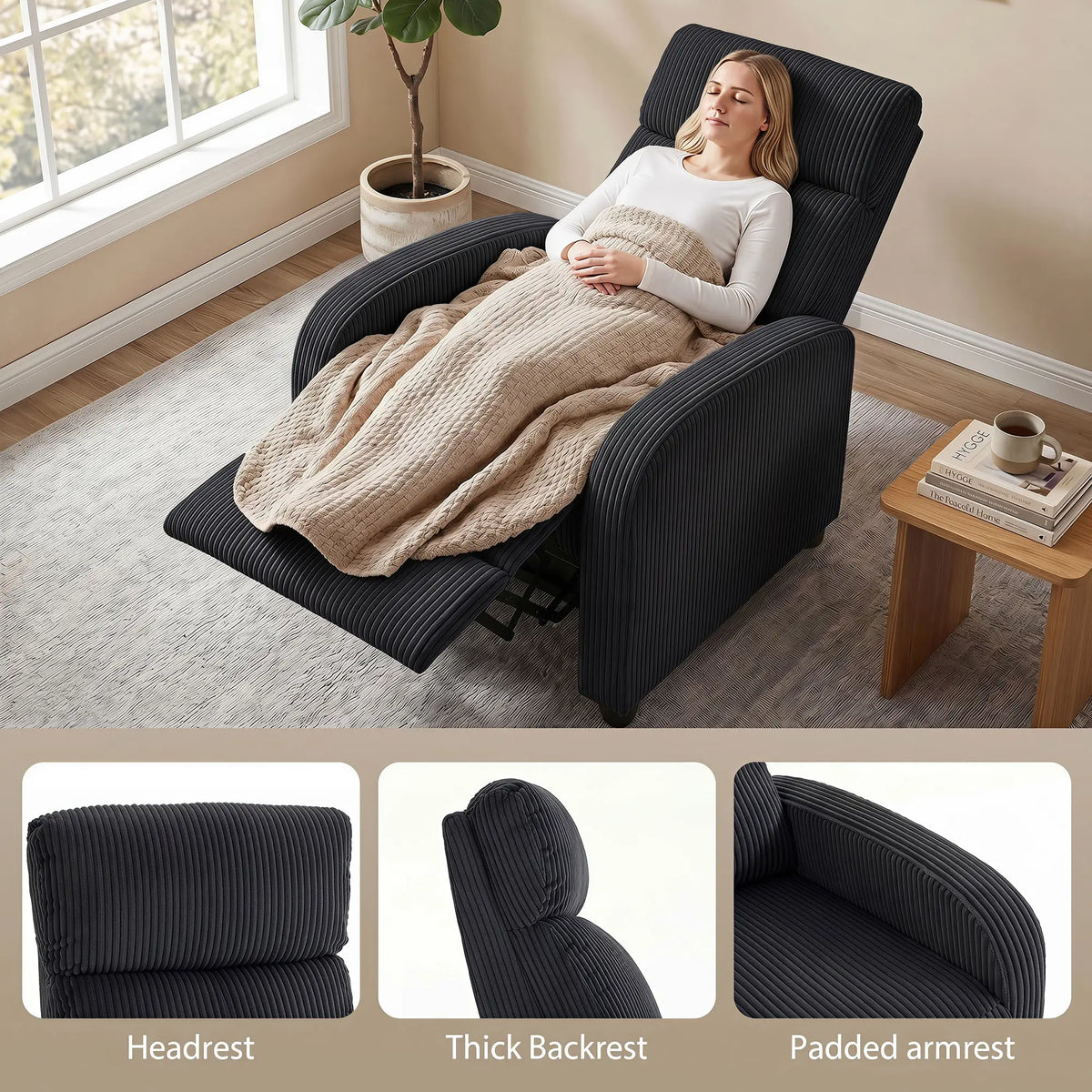 Corduroy Push Back Recliner Chair, Padded Seat, Black