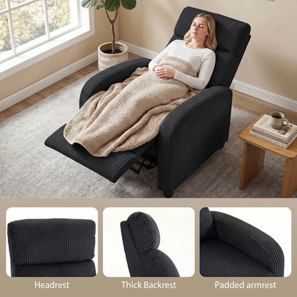 Corduroy Push Back Recliner Chair, Padded Seat, Black