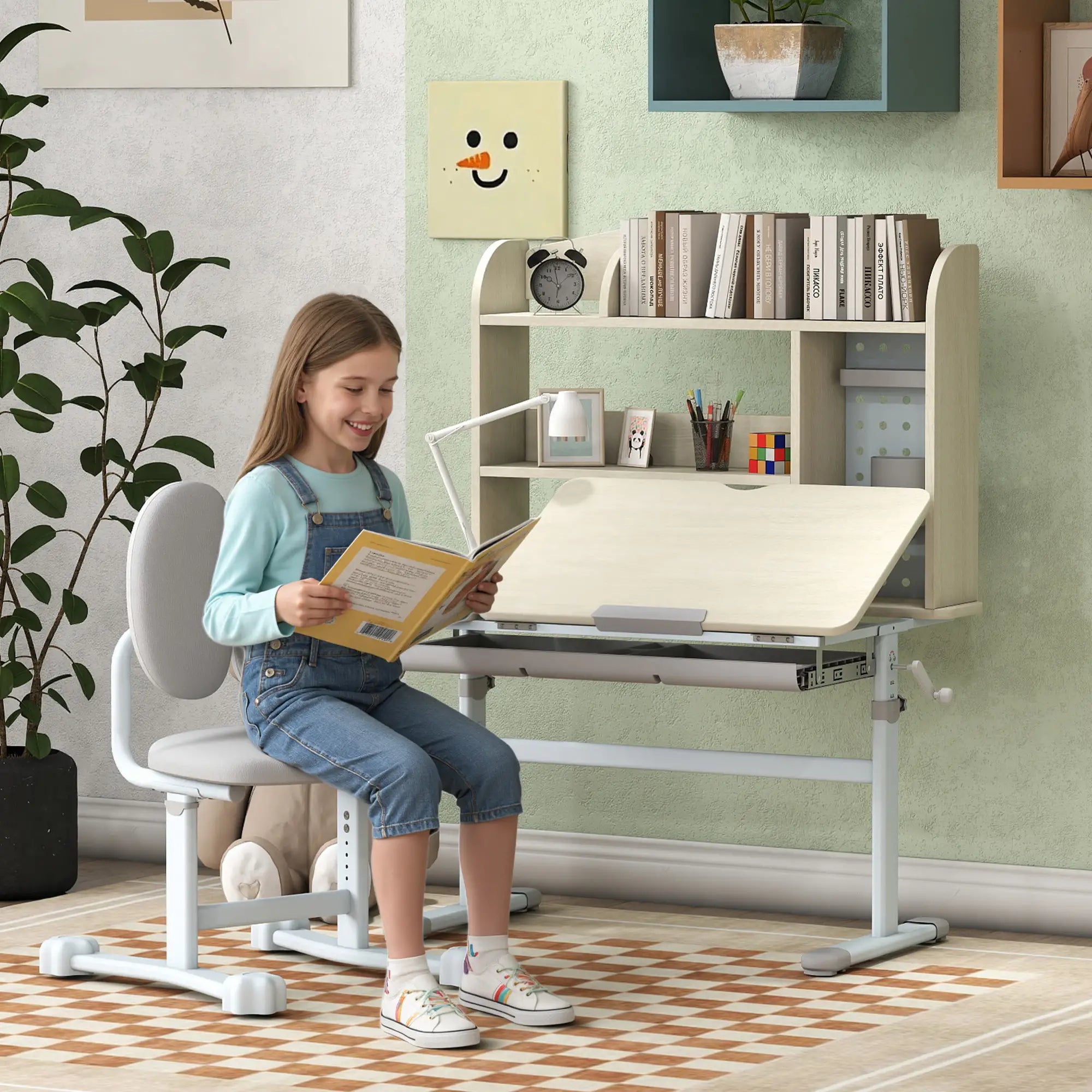 Kids Desk Chair Set, Adjustable Height, Tilting Desktop, Drawer Shelves, Grey Kids Desk Sets at Gallery Canada
