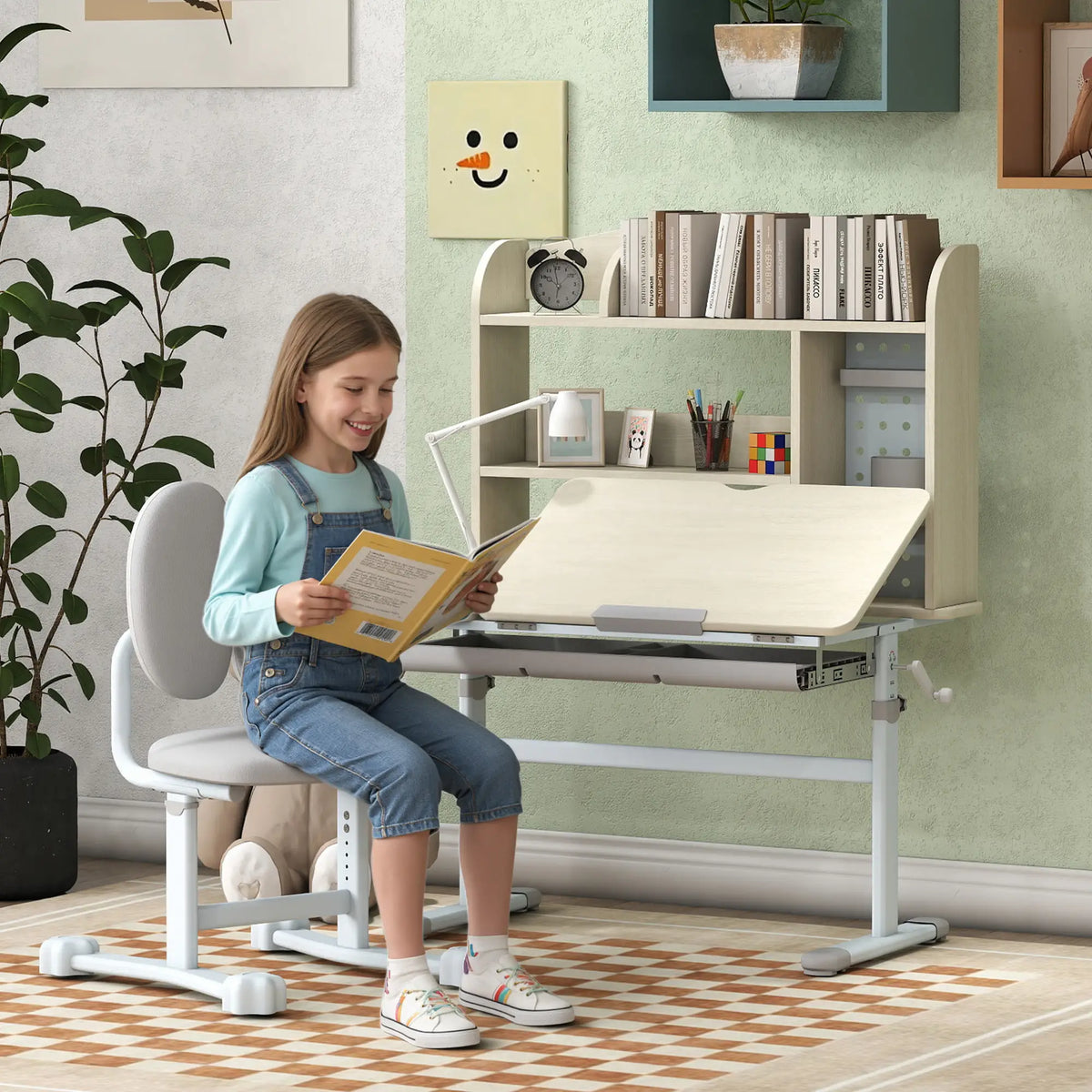 Kids Desk Chair Set, Adjustable Height, Tilting Desktop, Drawer Shelves, Grey Kids Desk Sets at Gallery Canada