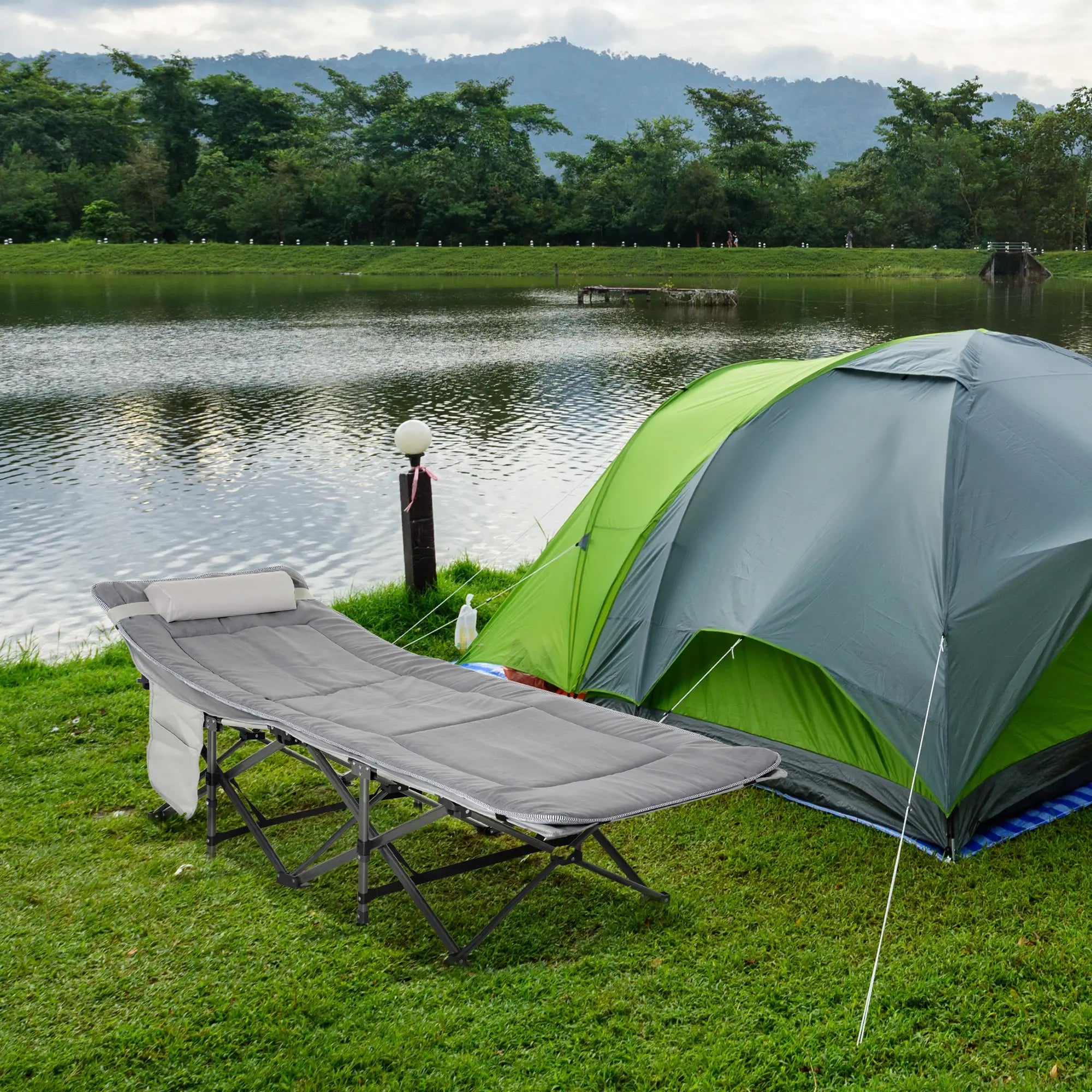Folding Camping Cot with Mattress, Pillow, Double Layer Oxford, Carry Bag, Light Grey Camping Cots at Gallery Canada