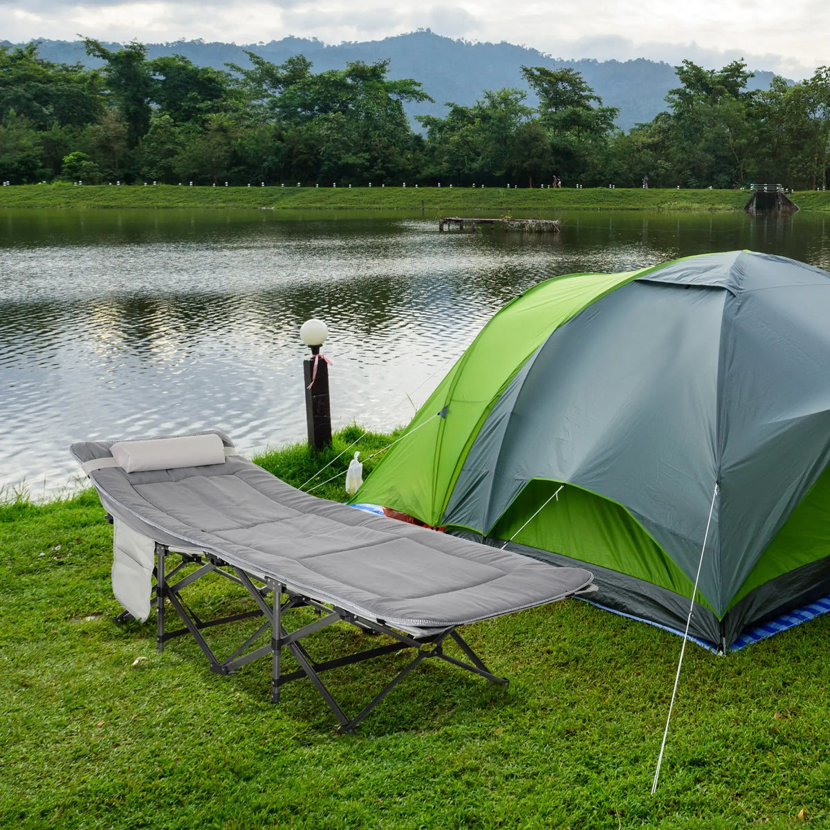 Folding Camping Cot with Mattress, Pillow, Double Layer Oxford, Carry Bag, Light Grey Camping Cots at Gallery Canada