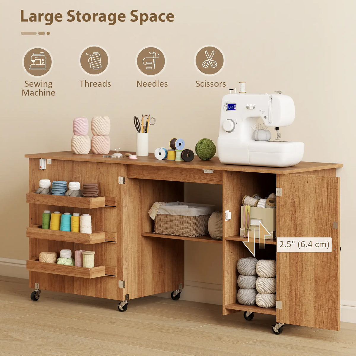 Sewing Machine Table, Drop Leaf, 2 Doors, Adjustable Shelf, Brown Sewing Cabinets at Gallery Canada