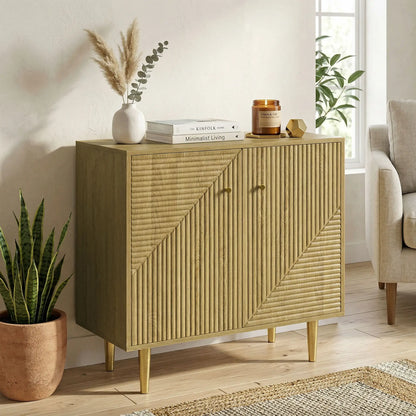 Oak Sideboard With Adjustable Shelf, 2 Doors, Gold Steel Legs, Gold Storage Cabinets at Gallery Canada