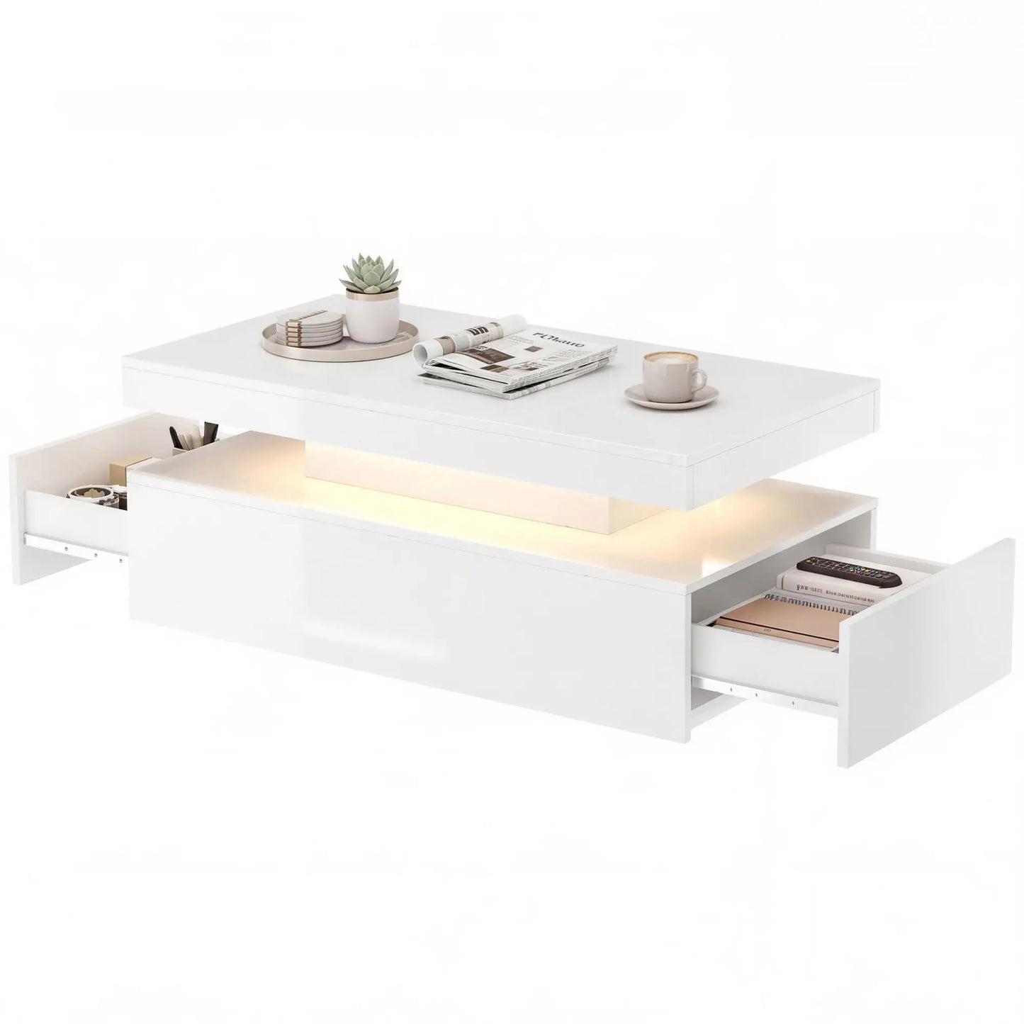 LED Coffee Table With Storage, 2-Tier, White Coffee Tables High Gloss White at Gallery Canada