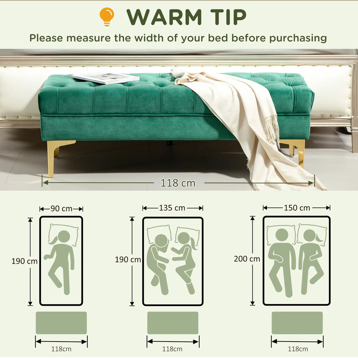 Upholstered End of Bed Bench, Button Tufted, Dark Green Storage Ottomans & Benches at Gallery Canada
