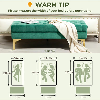 Upholstered End of Bed Bench, Button Tufted, Dark Green Storage Ottomans & Benches at Gallery Canada