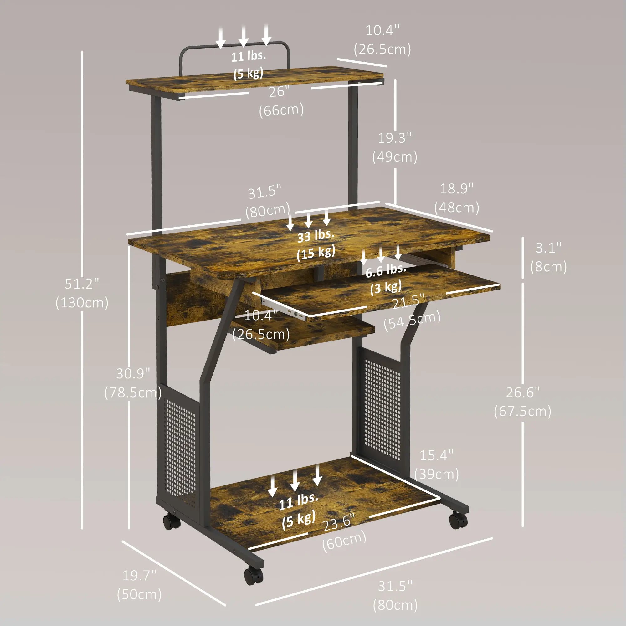 32 Mobile Computer Table, Rolling Study Desk with Keyboard Tray, Rustic Brown Computer Desks at Gallery Canada
