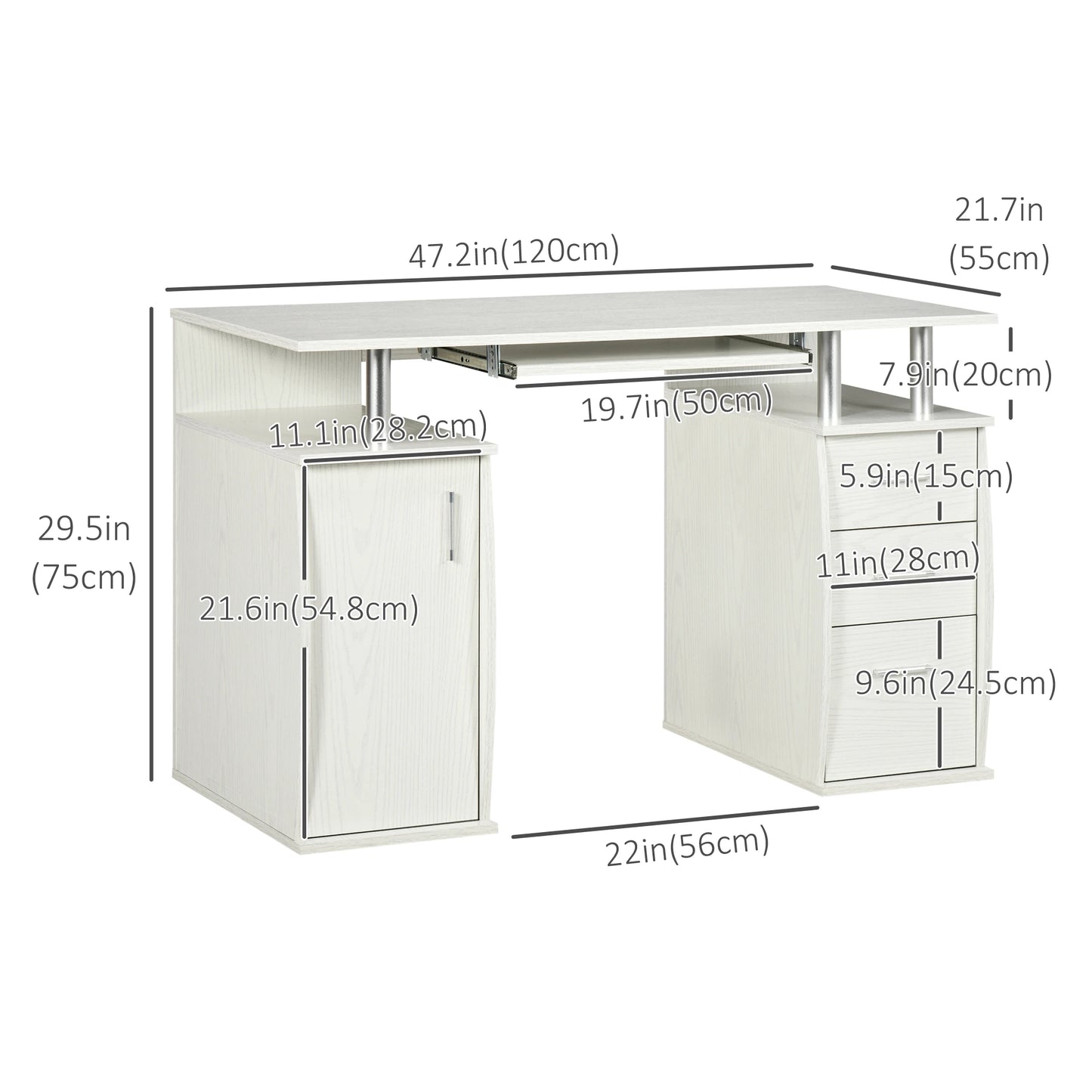 47" Computer Desk With Keyboard Tray, Storage Drawers, White Computer Desks at Gallery Canada