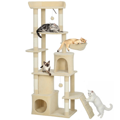 67" Large Cat Tree with 7 Scratching Posts, Tunnel, 2 Condos, Hammock, Perch, Ramp, Pompoms, Beige Multi-Level Cat Towers at Gallery Canada