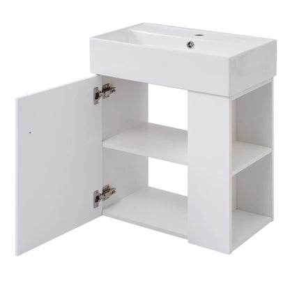 Floating Bathroom Vanity, Ceramic Basin, Right Storage, Rose Gold Handle, 21.5" L x 12" W x 26.5" H, White Sink Cabinets at Gallery Canada