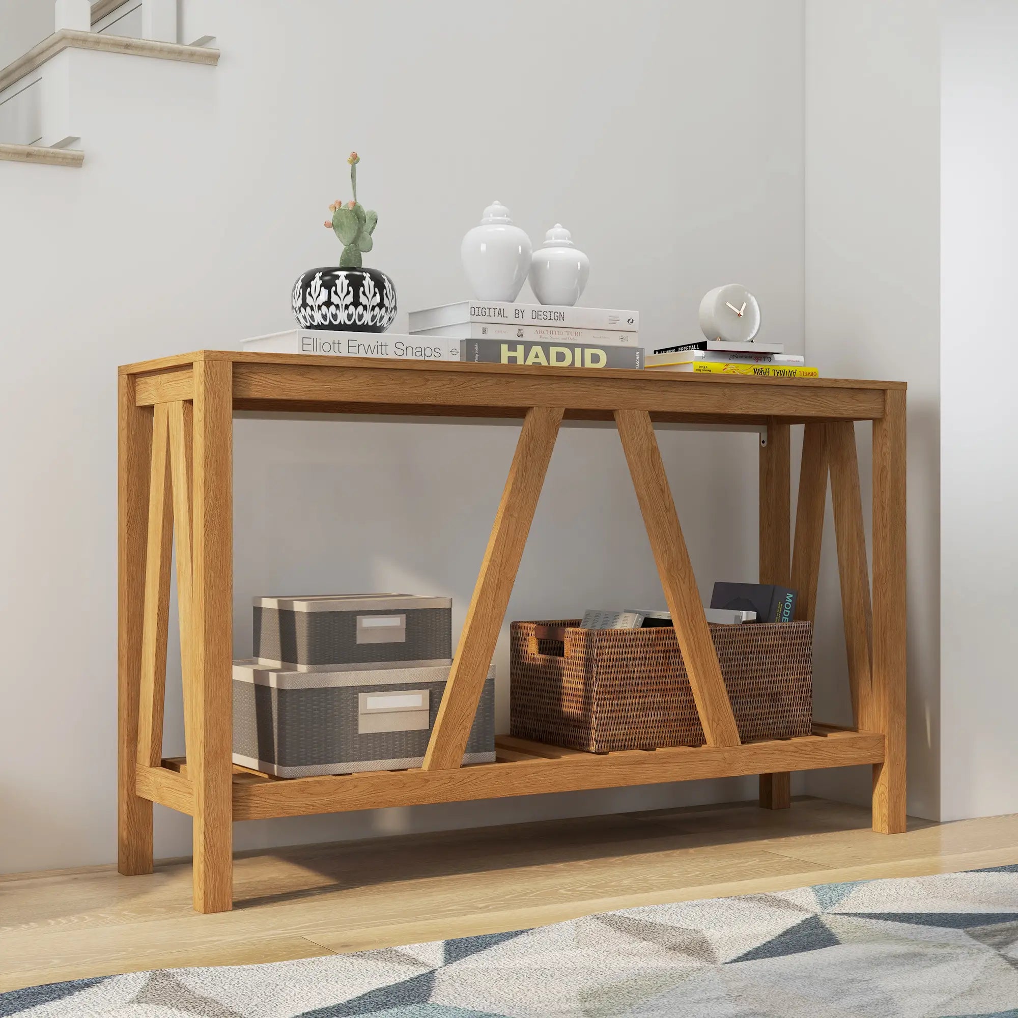 Farmhouse Console Table with Storage Shelf, Rustic Sofa Table, Brown Console Tables at Gallery Canada