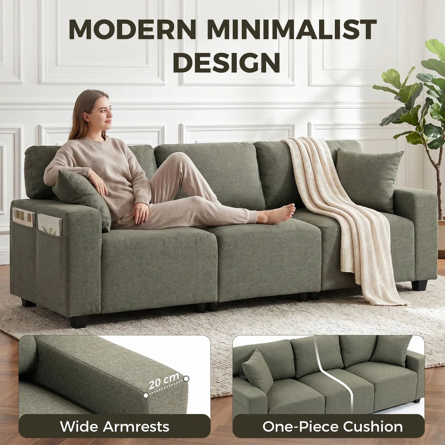 3 Seater Sofa With Storage Pockets, Modern Upholstered Couch, Green 3-Seater Sofas at Gallery Canada