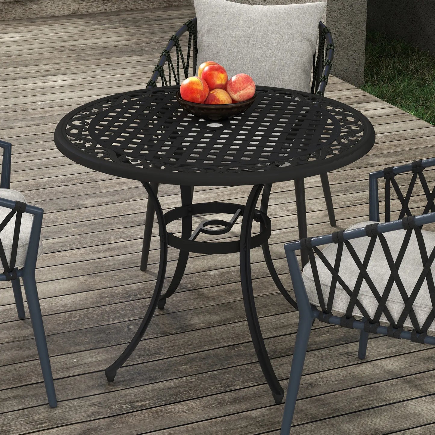 35.5" Round Outdoor Dining Table, Cast Aluminum, Grid Top, Black Patio Dining Tables at Gallery Canada